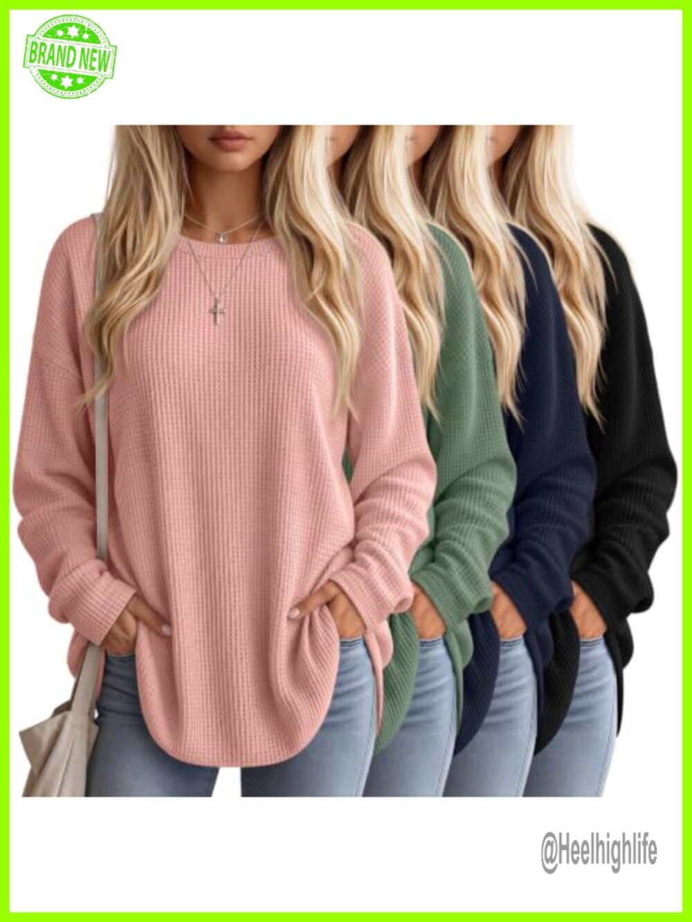 Womens Oversized Waffle Knit Long Sleeve Sweatshirt 4 Pack Crewneck Pullover
